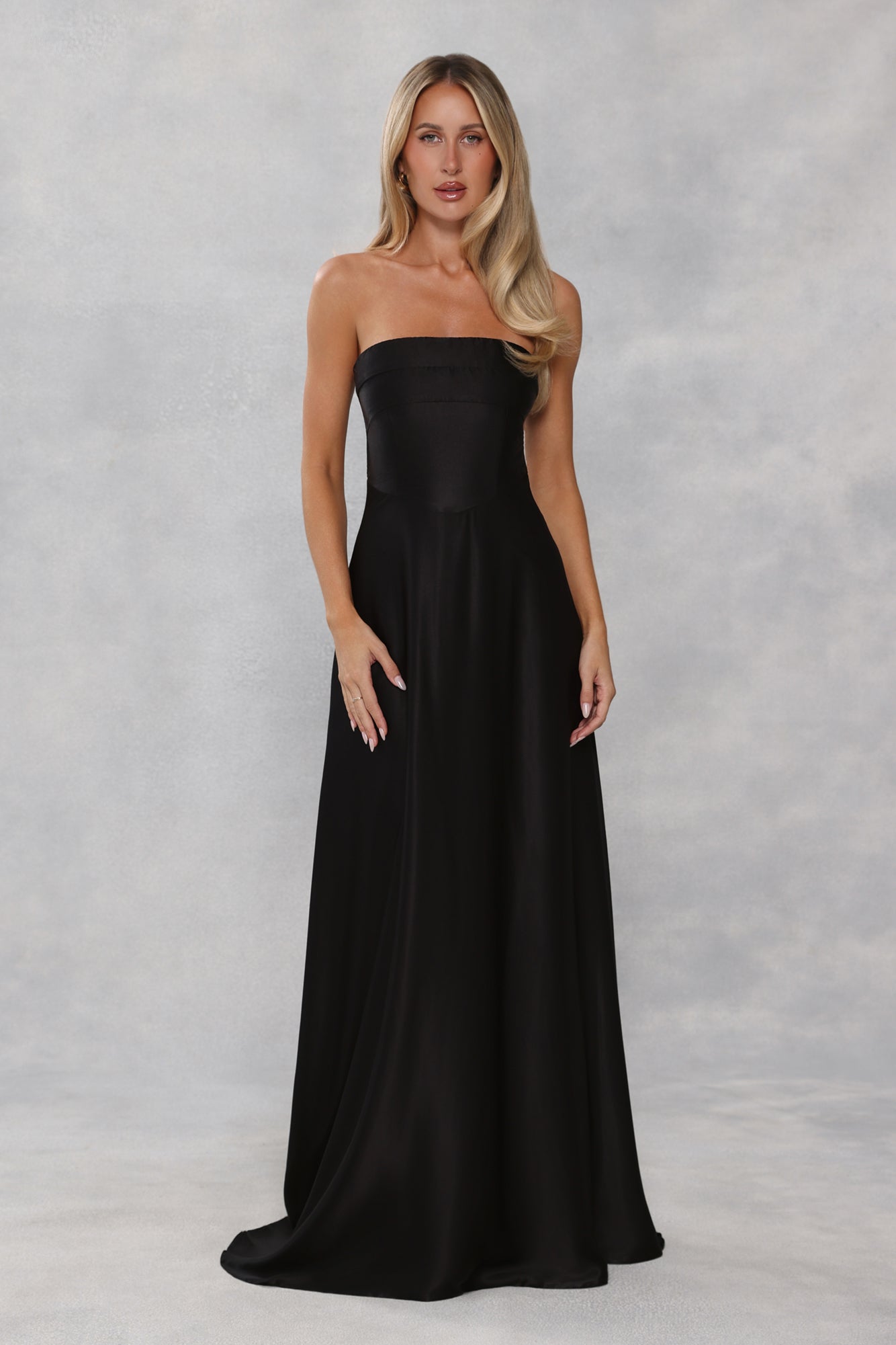 The Serina Strapless Satin Maxi Dress Black