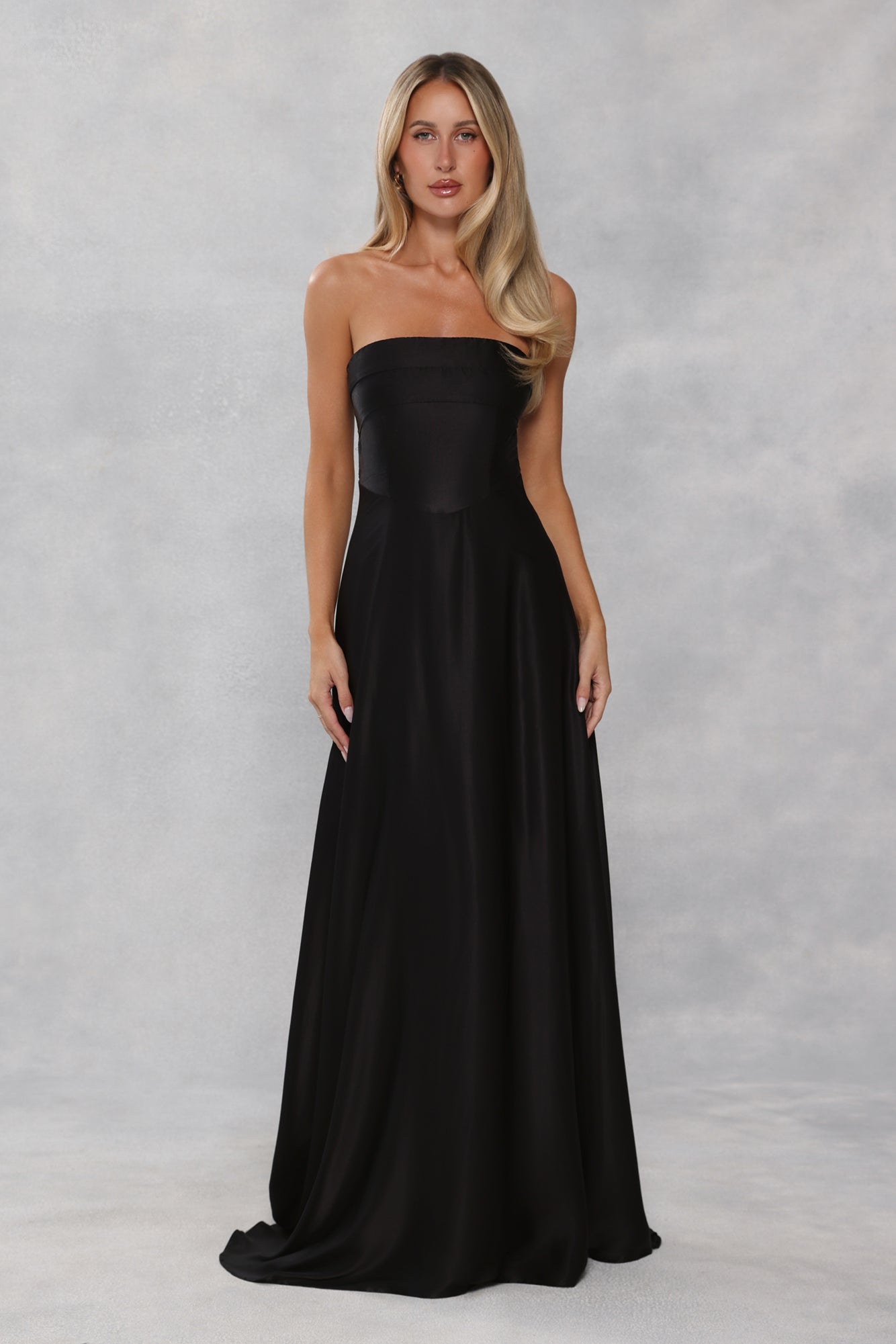 The Serina Strapless Satin Maxi Dress Black
