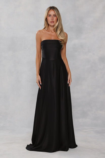 The Serina Strapless Satin Maxi Dress Black