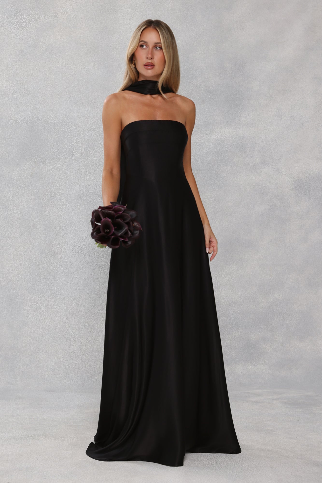 The Serina Strapless Satin Maxi Dress Black