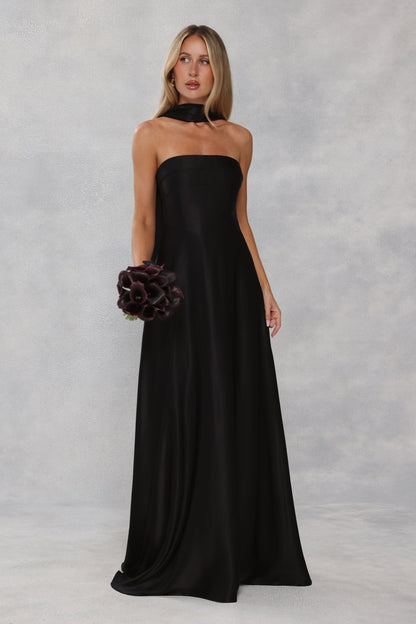 The Serina Strapless Satin Maxi Dress Black