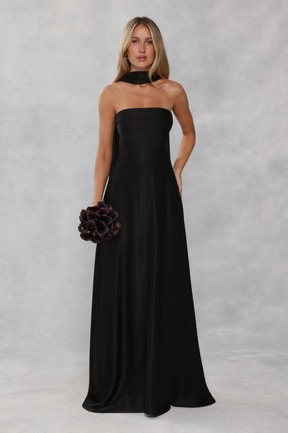 The Serina Strapless Satin Maxi Dress Black