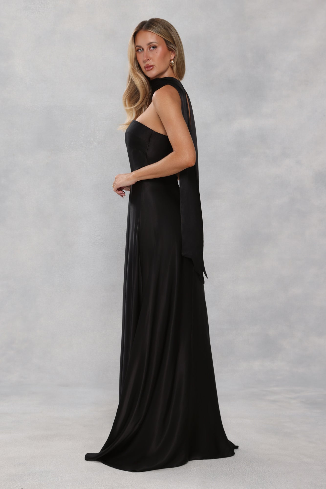 The Serina Strapless Satin Maxi Dress Black