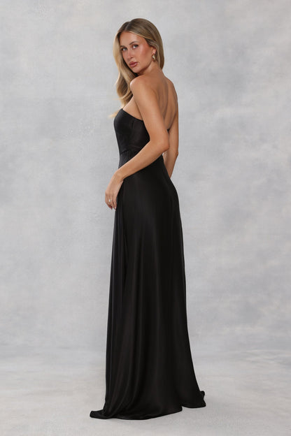 The Serina Strapless Satin Maxi Dress Black