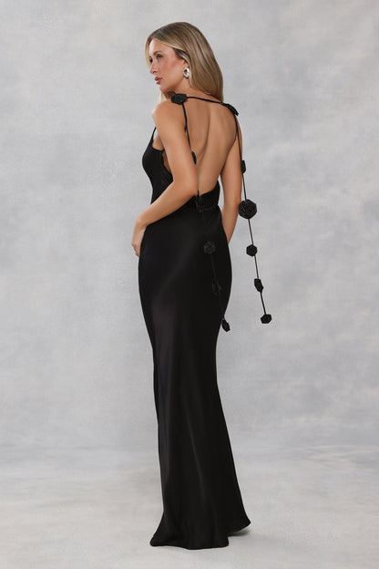 The Flora Satin Maxi Dress Black