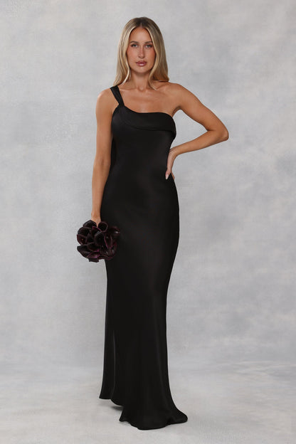 The Zafira One Shoulder Satin Maxi Dress Black