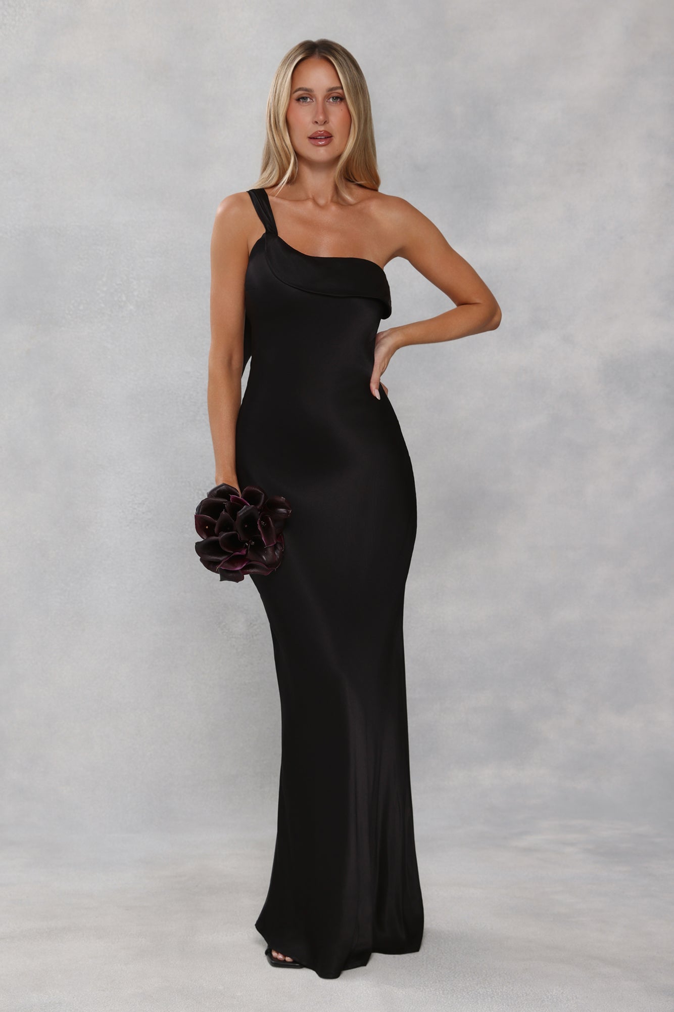The Zafira One Shoulder Satin Maxi Dress Black