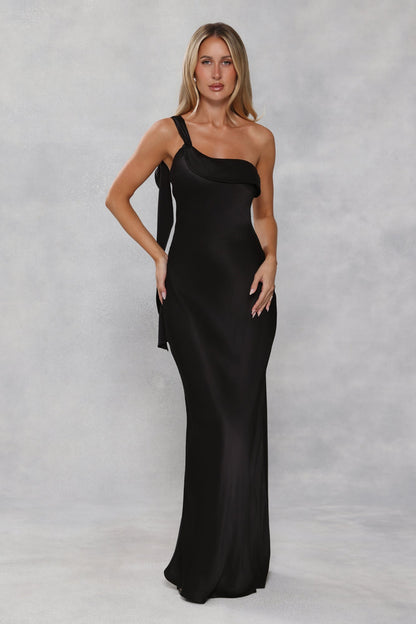 The Zafira One Shoulder Satin Maxi Dress Black