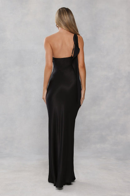 The Zafira One Shoulder Satin Maxi Dress Black