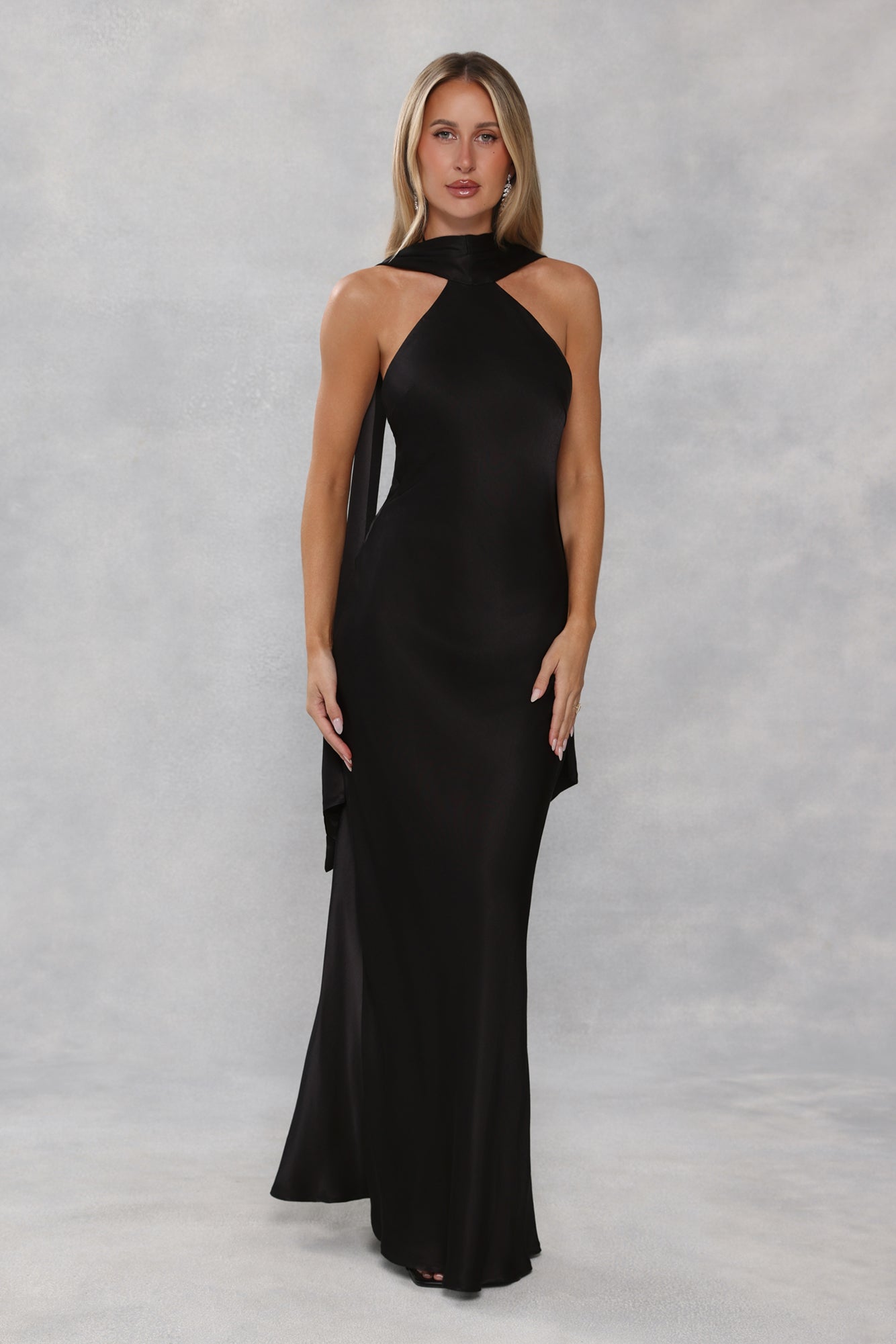 The Vivia Halter Satin Maxi Dress Black