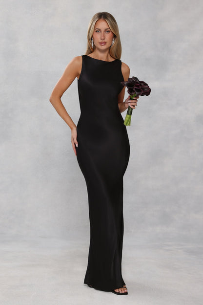 The Blaire Backless Satin Maxi Dress Black