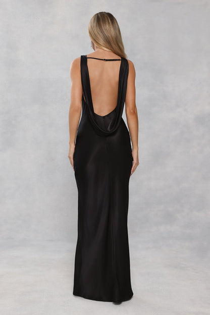 The Blaire Backless Satin Maxi Dress Black