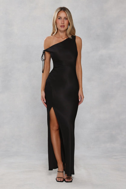 The Clover Off Shoulder Satin Maxi Dress Black