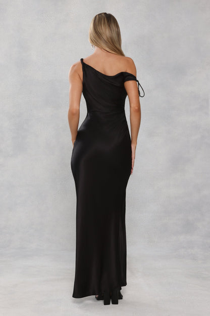 The Clover Off Shoulder Satin Maxi Dress Black