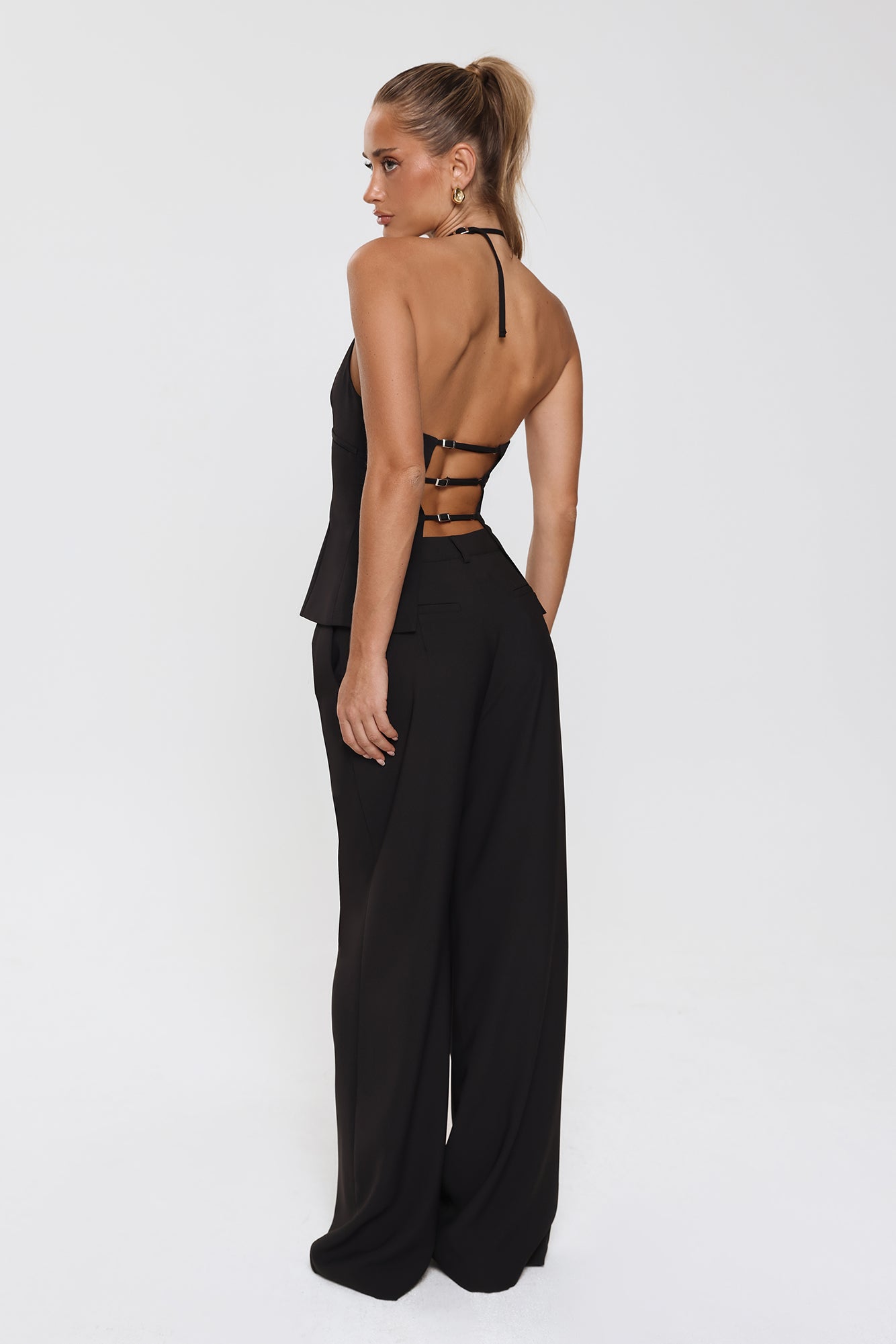 Linear Mood High Rise Straight Leg Tailored Pants Black
