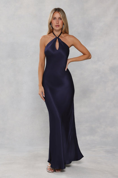 The Delilah Satin Halter Maxi Dress Navy