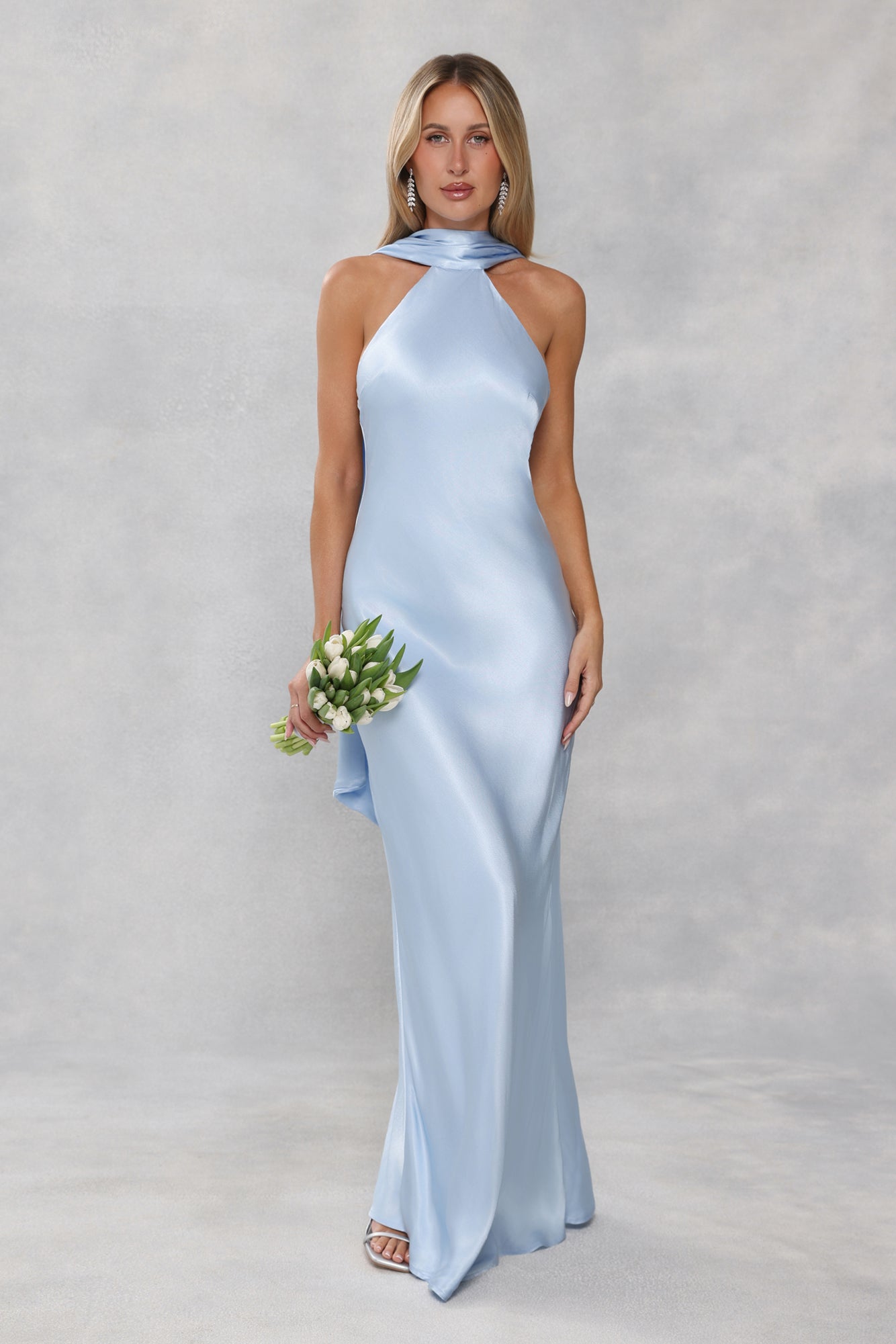 The Vivia Halter Satin Maxi Dress Light Blue