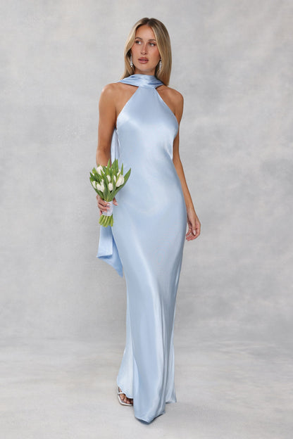 The Vivia Halter Satin Maxi Dress Light Blue