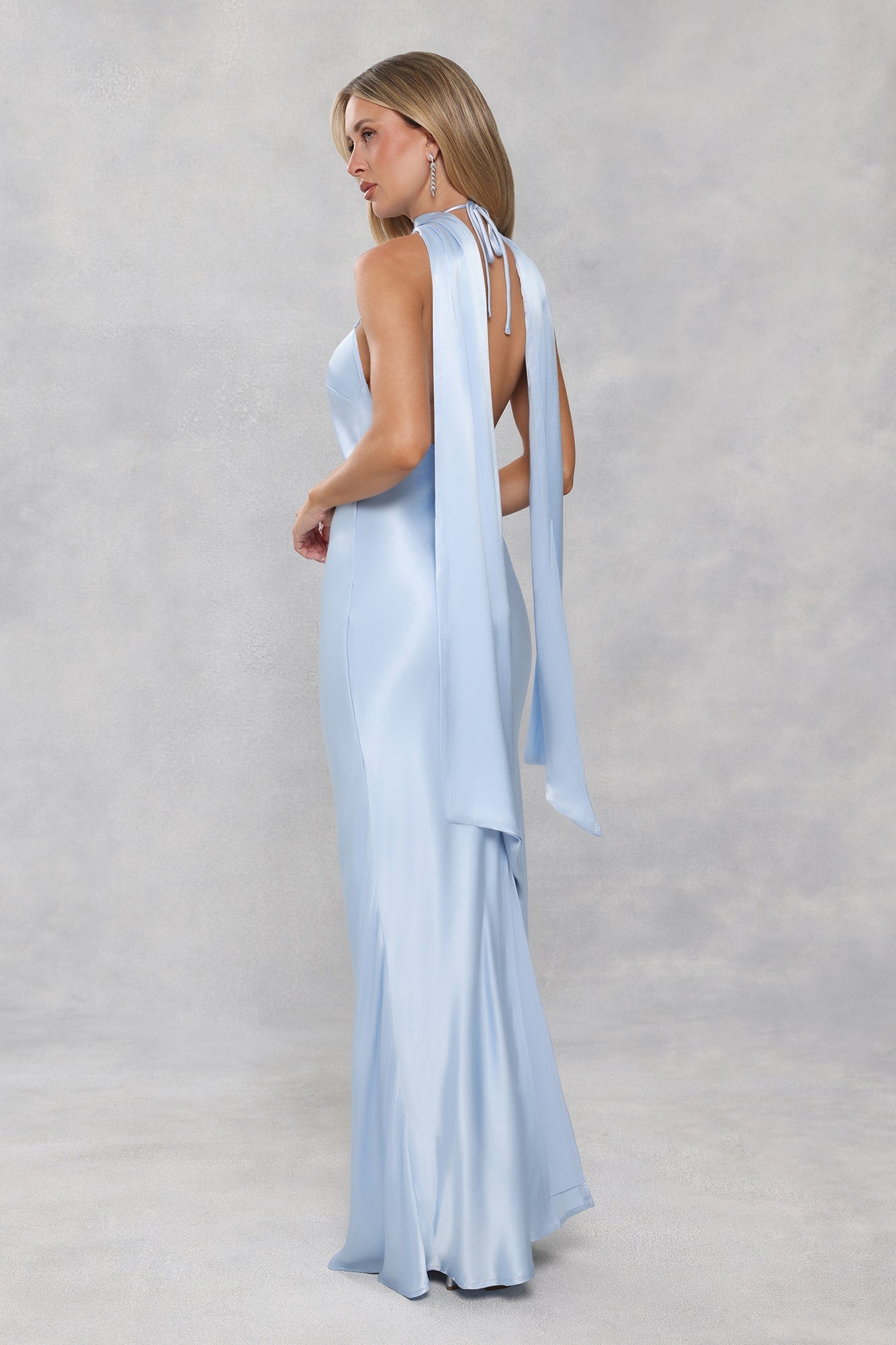 The Vivia Halter Satin Maxi Dress Light Blue