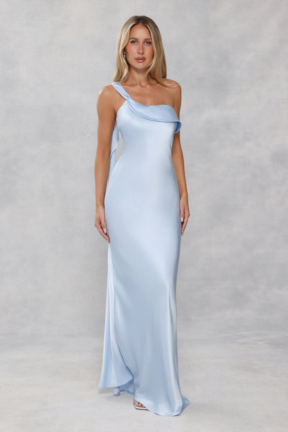 The Zafira One Shoulder Satin Maxi Dress Light Blue