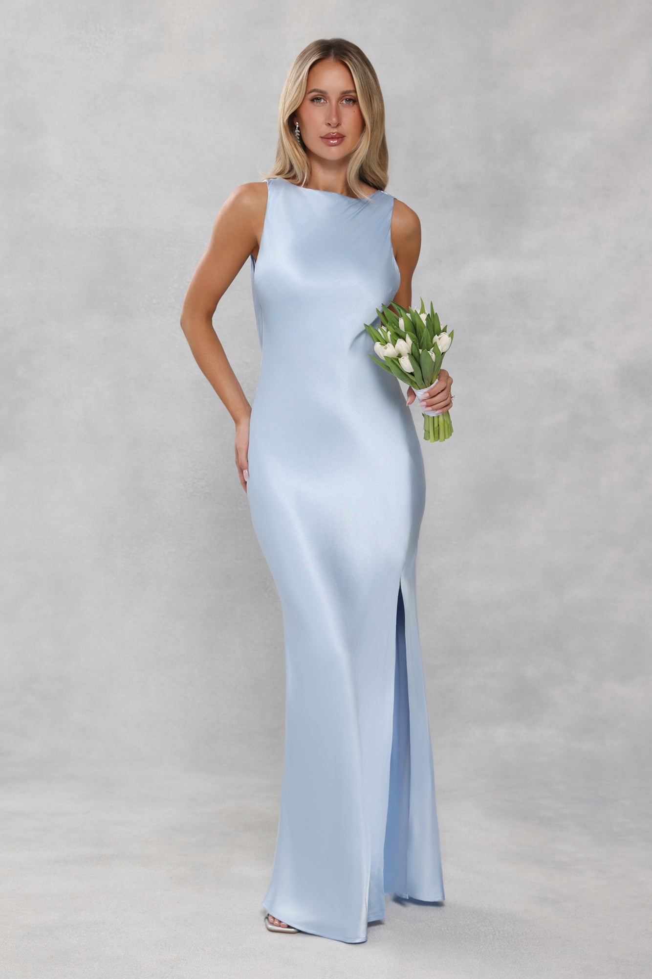 The Blaire Backless Satin Maxi Dress Light Blue