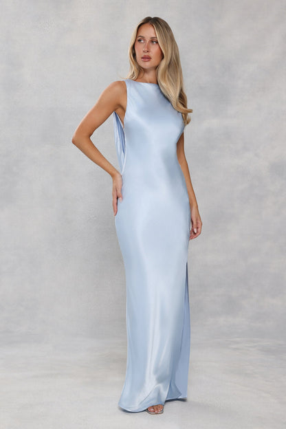The Blaire Backless Satin Maxi Dress Light Blue