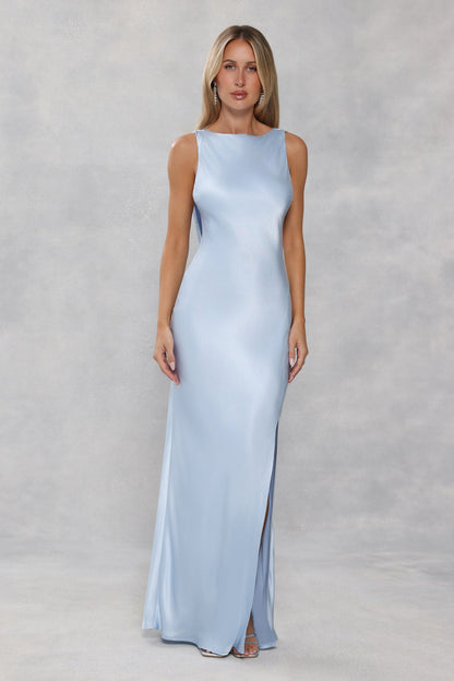 The Blaire Backless Satin Maxi Dress Light Blue