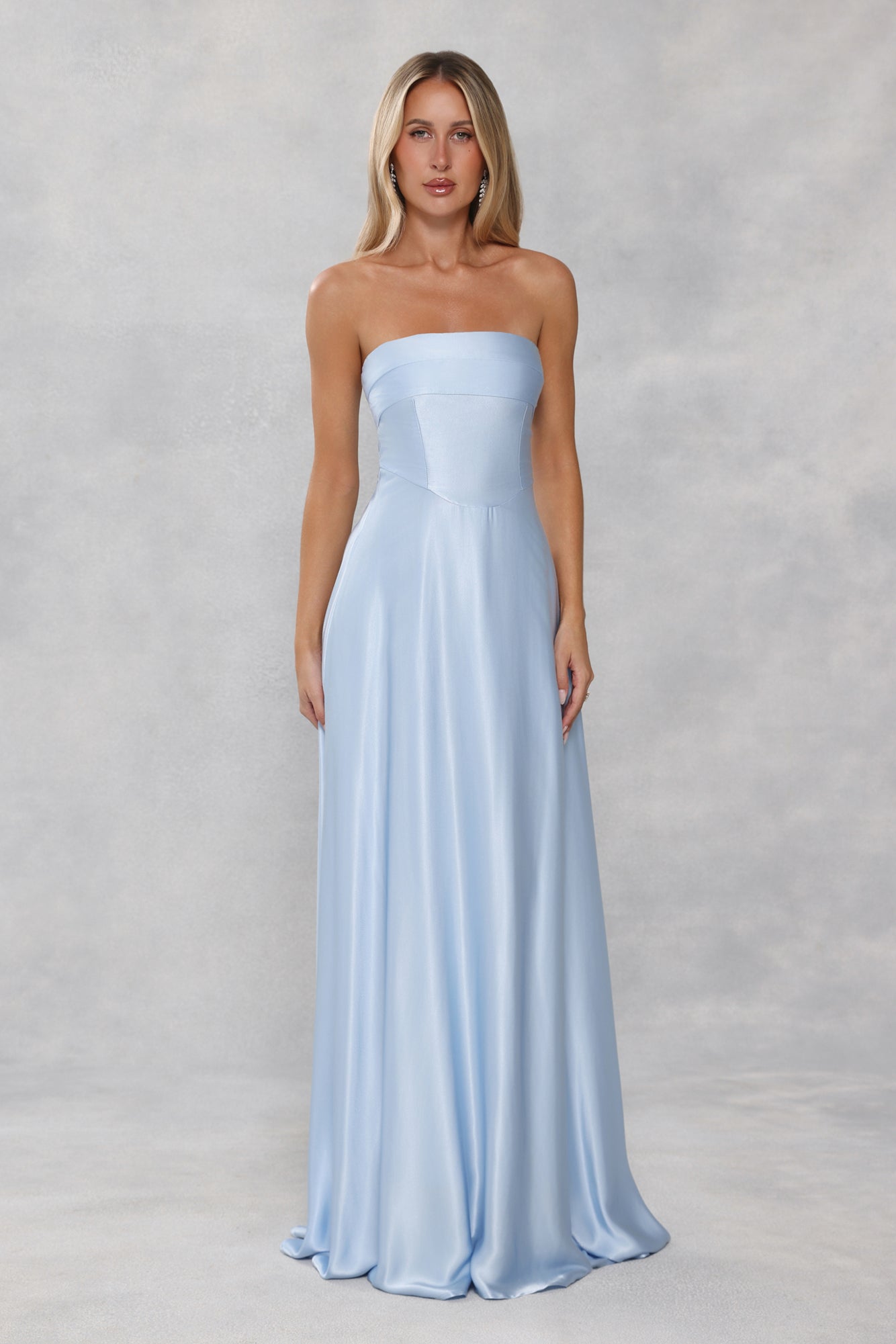 The Serina Strapless Satin Maxi Dress Light Blue