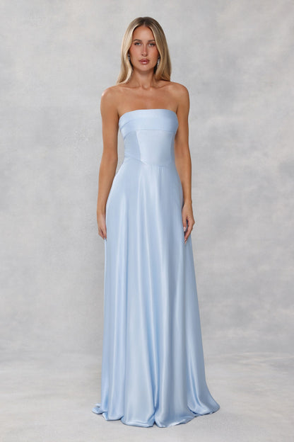 The Serina Strapless Satin Maxi Dress Light Blue