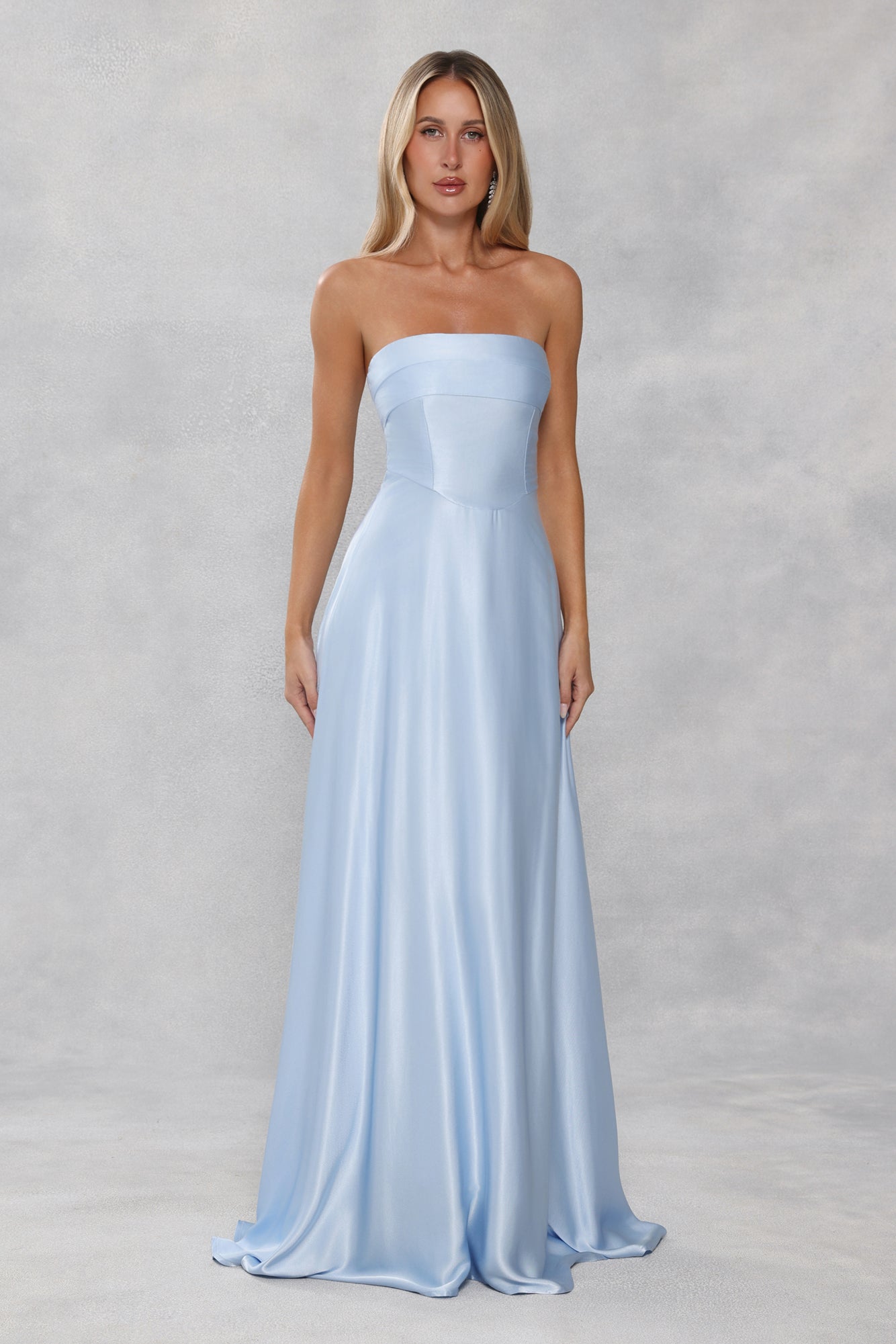 The Serina Strapless Satin Maxi Dress Light Blue