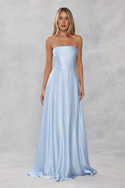 The Serina Strapless Satin Maxi Dress Light Blue