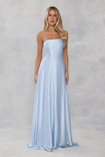 The Serina Strapless Satin Maxi Dress Light Blue