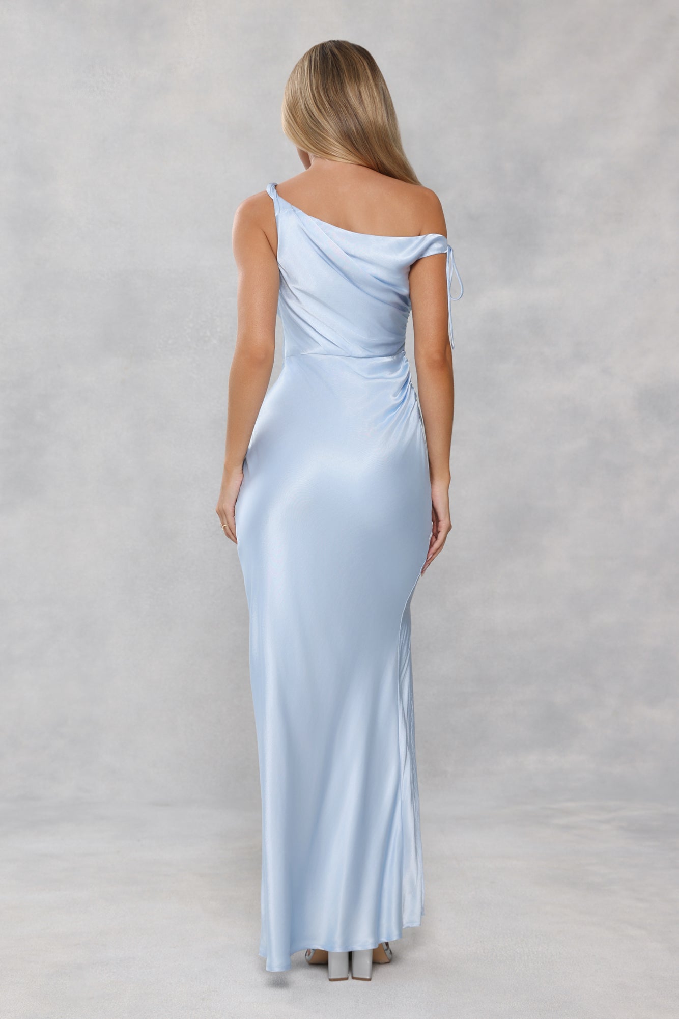 The Clover Off Shoulder Satin Maxi Dress Light Blue