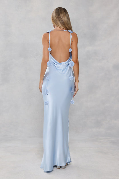The Flora Satin Maxi Dress Light Blue