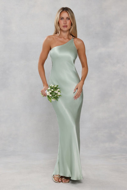 The Evangeline One Shoulder Satin Maxi Dress Sage Green