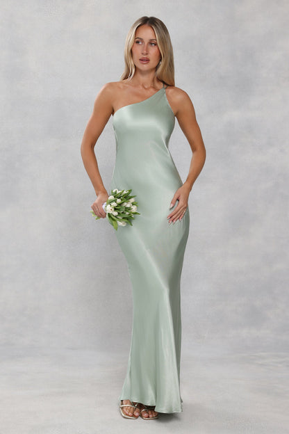 The Evangeline One Shoulder Satin Maxi Dress Sage Green