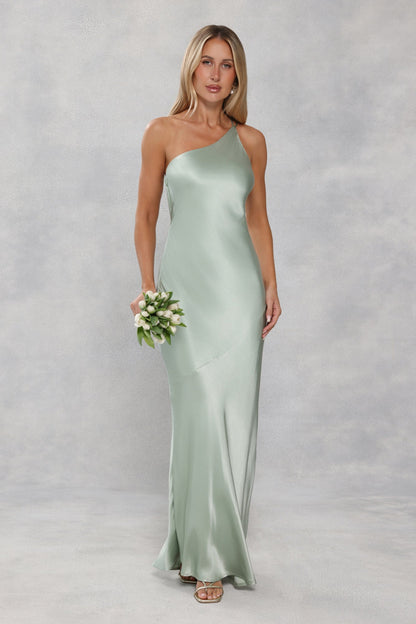 The Evangeline One Shoulder Satin Maxi Dress Sage Green