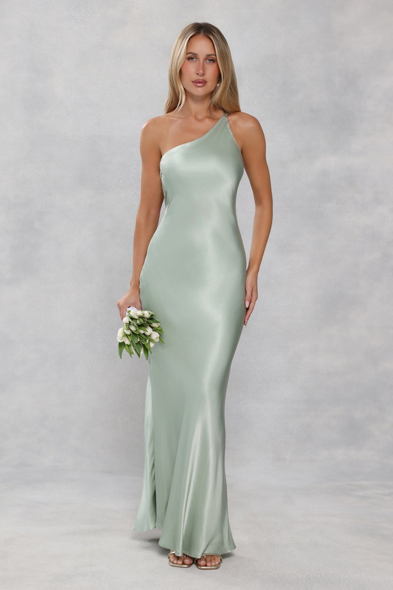The Evangeline One Shoulder Satin Maxi Dress Sage Green