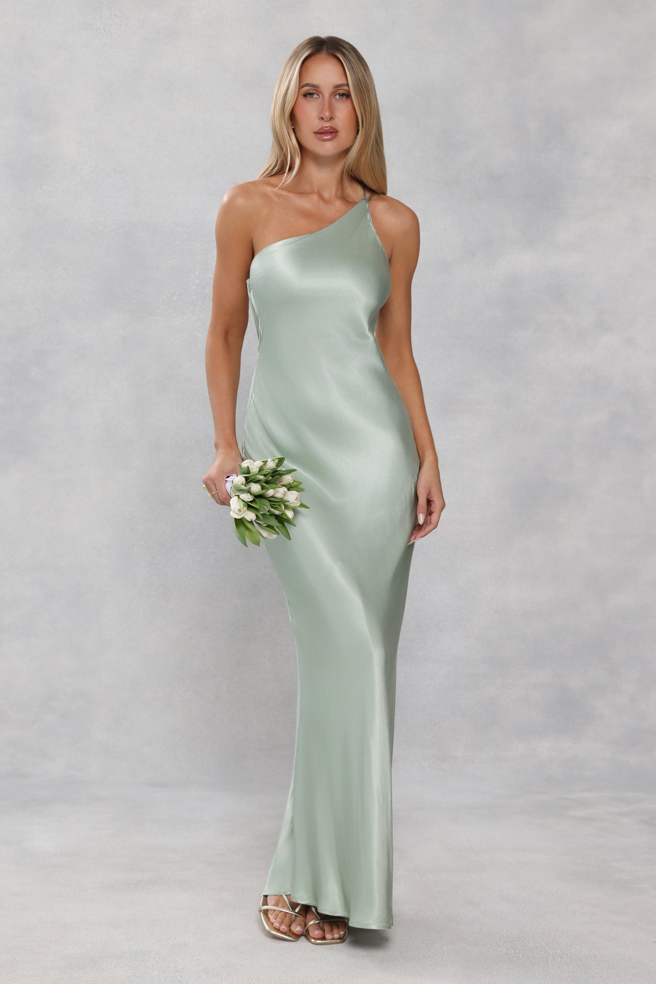 The Evangeline One Shoulder Satin Maxi Dress Sage Green