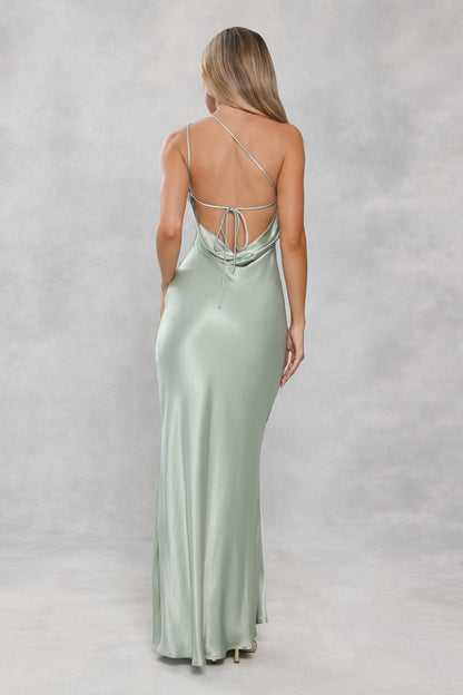 The Evangeline One Shoulder Satin Maxi Dress Sage Green