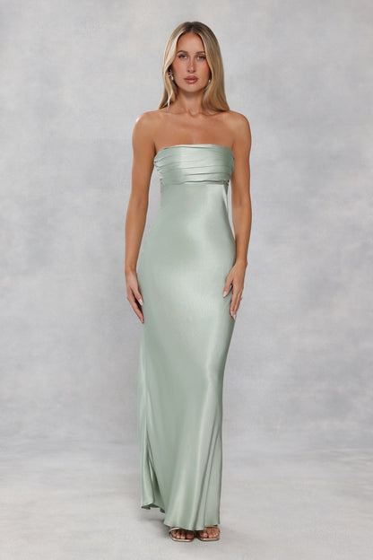 The Seraphina Strapless Satin Maxi Dress Sage Green