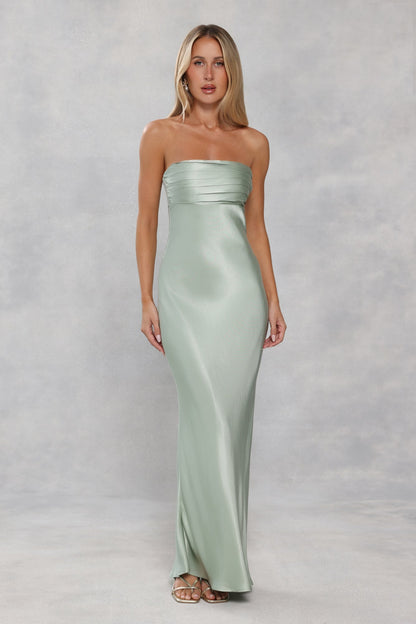 The Seraphina Strapless Satin Maxi Dress Sage Green