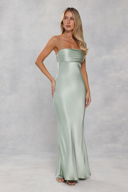 The Seraphina Strapless Satin Maxi Dress Sage Green