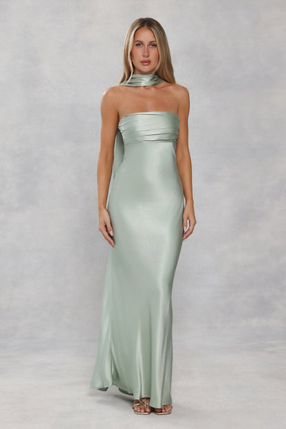 The Seraphina Strapless Satin Maxi Dress Sage Green