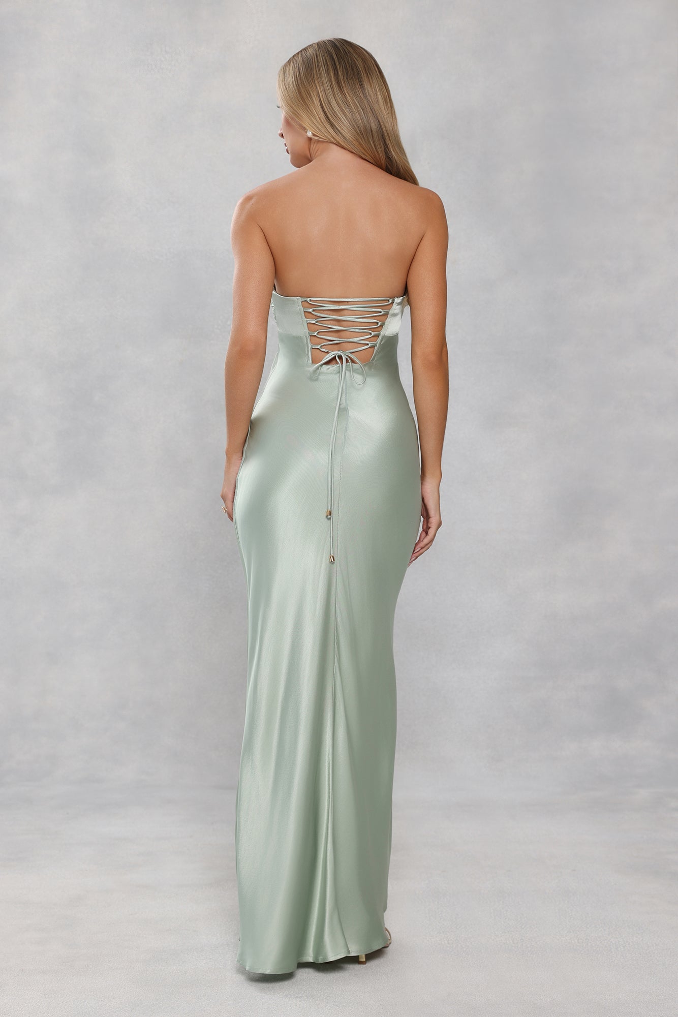 The Seraphina Strapless Satin Maxi Dress Sage Green