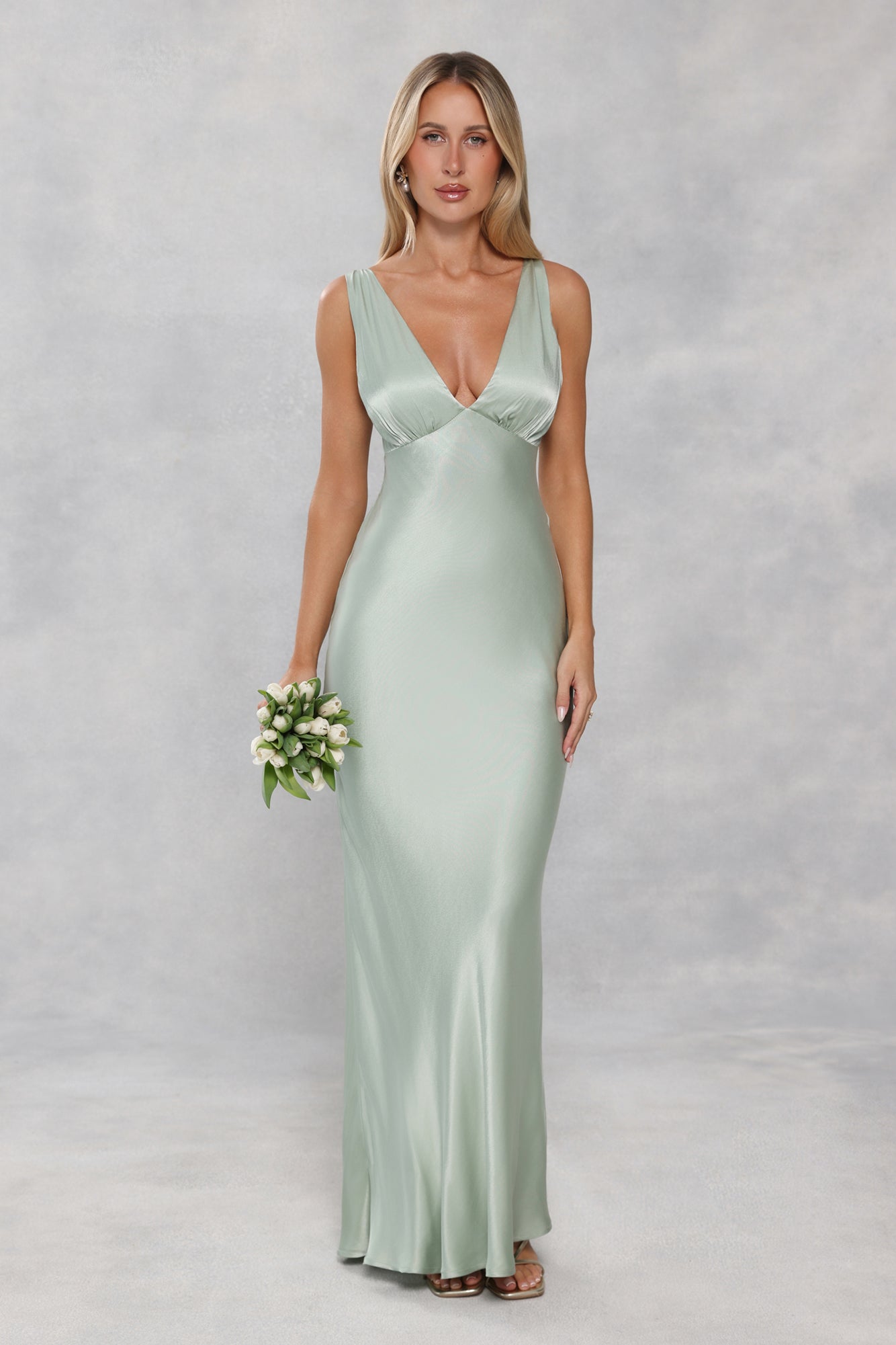 The Isabeau Satin Maxi Dress Sage Green