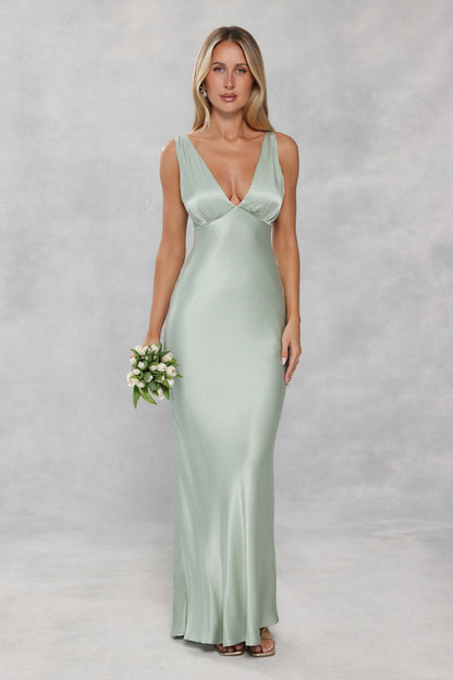 The Isabeau Satin Maxi Dress Sage Green