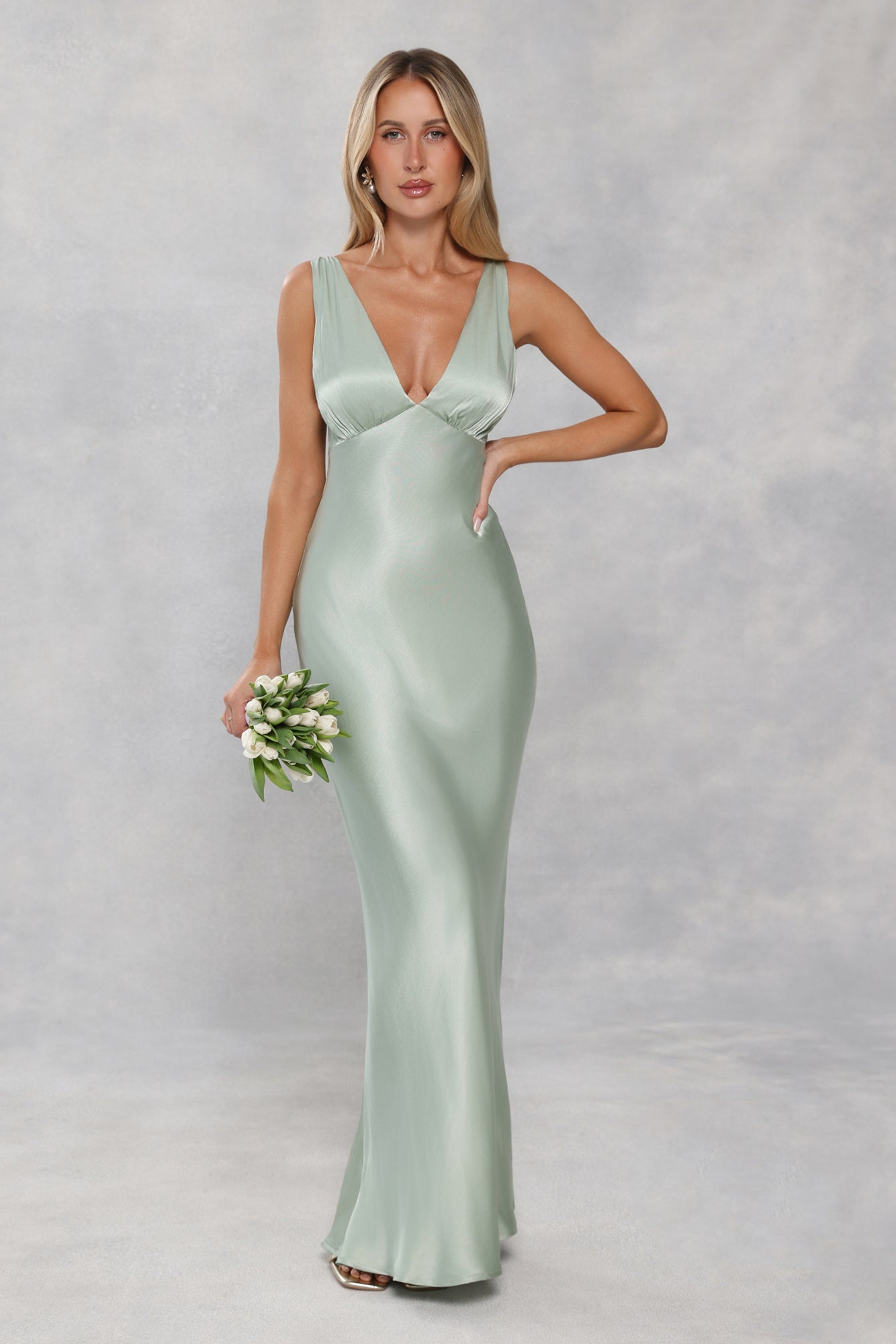 The Isabeau Satin Maxi Dress Sage Green