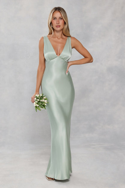 The Isabeau Satin Maxi Dress Sage Green