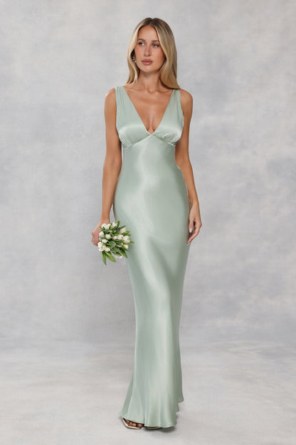 The Isabeau Satin Maxi Dress Sage Green